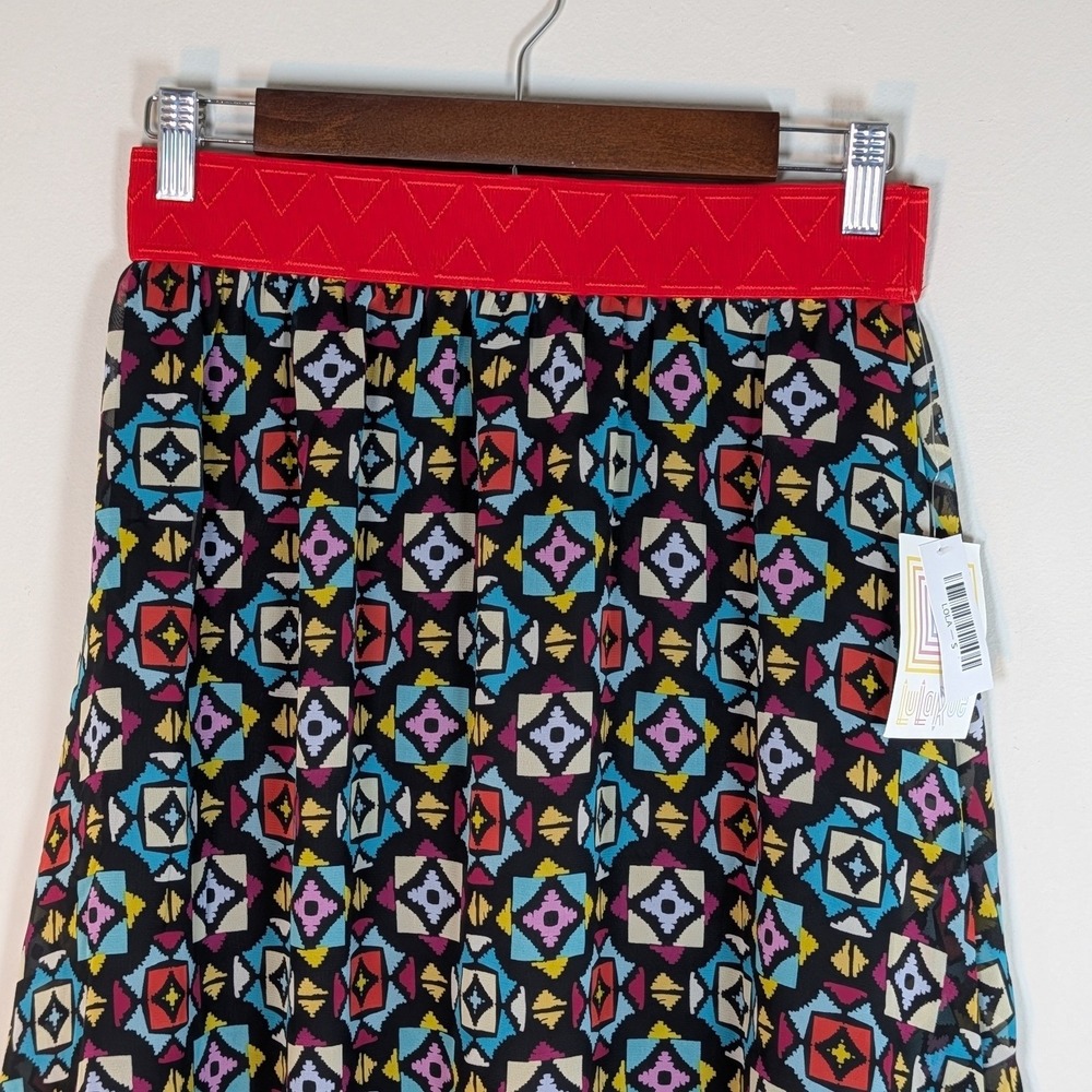 LuLaRoe Lola Skirt Small NWT Geometric Print Chiffon Midi Red Elastic Waistband